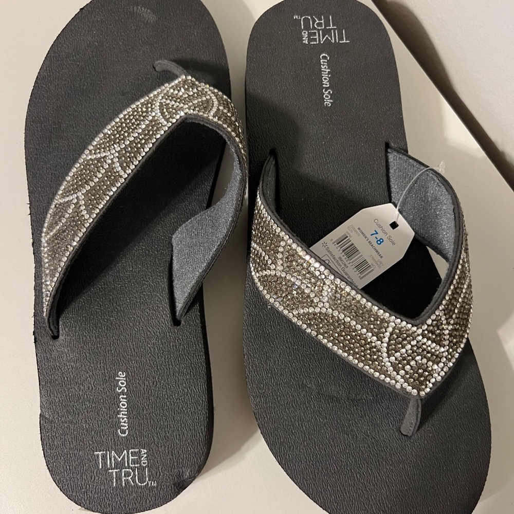 NEW with tags- Time & Tru Rinestone embellished Dark Gray Flip Flops